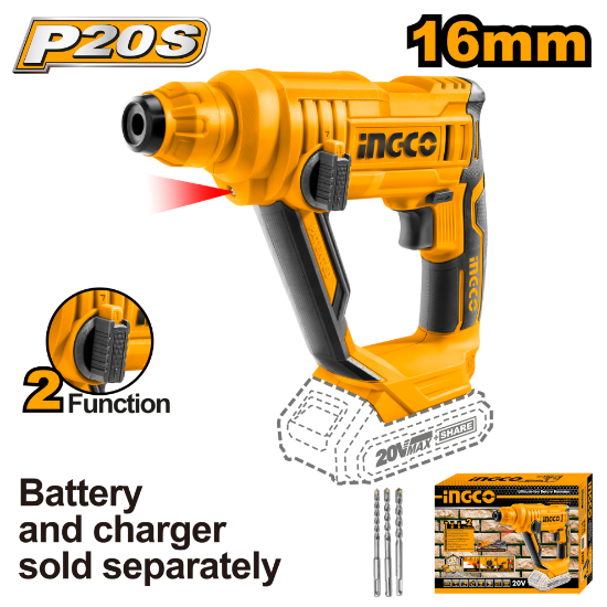INGCO Cordless Rotary Hammer 20V Brushless 16mm SDS-Plus CRHLI1601