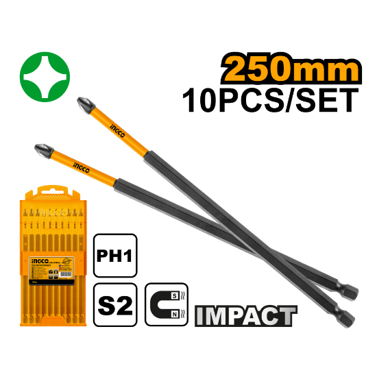 INGCO SDBIM11PH1103 Impact Screwdriver Bits PH1 250mm S2 Set of 10