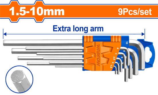WADFOW Extra Long Arm Hex Key Set 9pcs 1.5-10mm Cr-V WHK1292