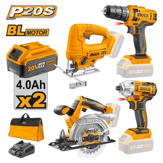 INGCO Cordless Combo Kit 20V Drills Jigsaw & Circular Saw 2Batt 4Ah+Char with Bag CKLI20104
