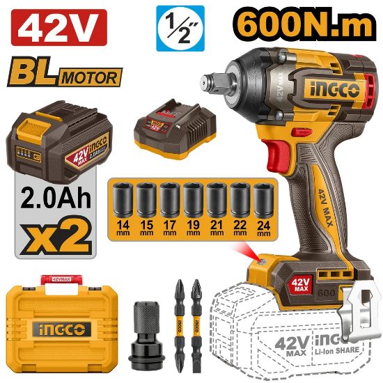 INGCO CIWLI42602 | مفتاح صواميل بطارية بلي براش 42 فولت 600 ن.م