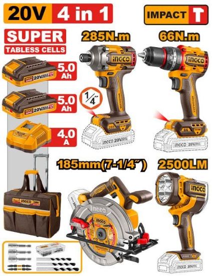 INGCO 20V Cordless Combo Kit 4pcs Brushless Impact Drill + Impact Driver + Circular Saw + Work Lamp with 2 Batteries 4Ah & Bag COSLI260695 | مجموعة مقدح + وز + منشار صدر + بروجكتور على البطارية