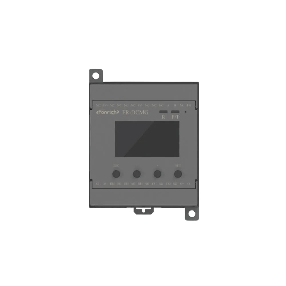 A dark gray industrial electronic module with a small screen and four buttons, branded 'fannick' and labeled 'FR-DCMG', centered against a white and light gray wavy background.