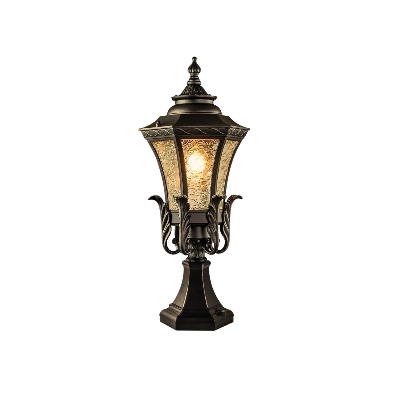 A classic outdoor street lamp with a dark bronze metal frame and textured glass panels glowing with warm light, centered on a light gray background.