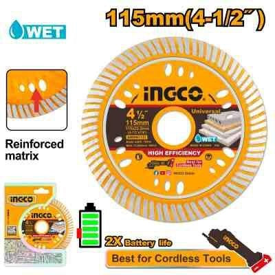 INGCO 115mm (4-1/2") wet diamond cordless saw blade with a reinforced matrix, shown on a white background with product features, packaging, battery life graphic, and a cordless tool attachment.