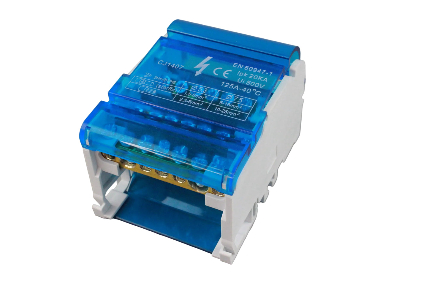 Electrical relay module with blue and white casing on a gray background