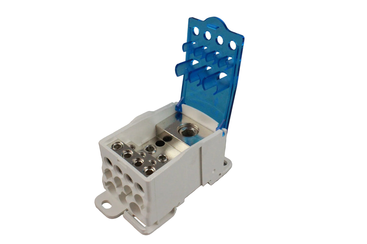 White electrical junction box with blue cover on a gray background