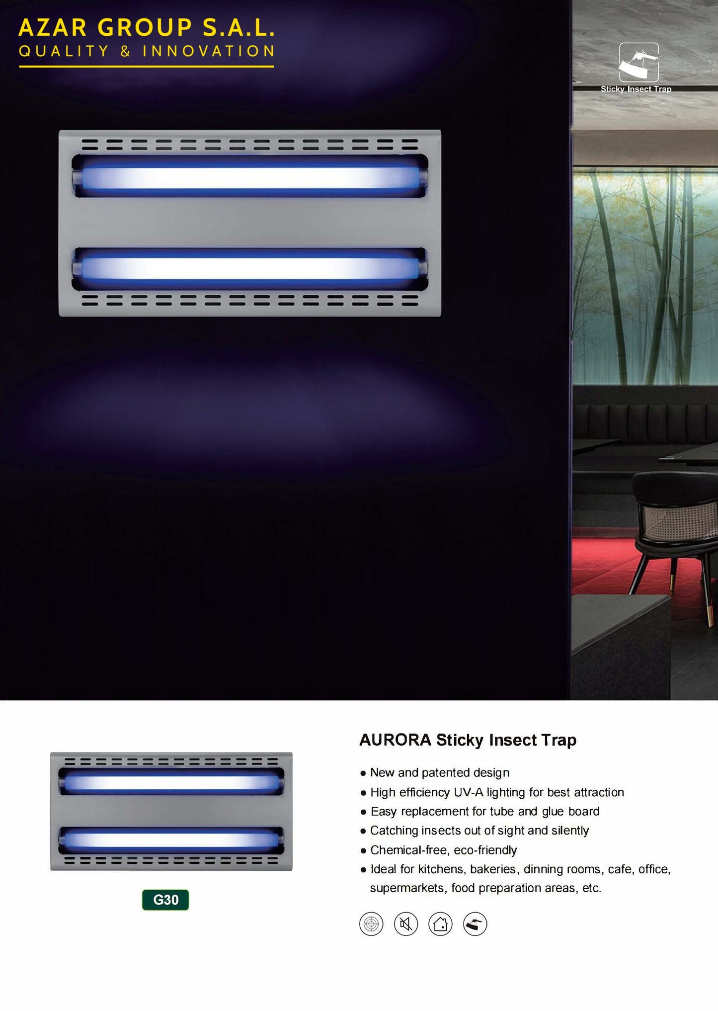 VEM G30 AURORA GLUE Board Insect Trap 2X15W UV-A tubes 201 Stainless Steel