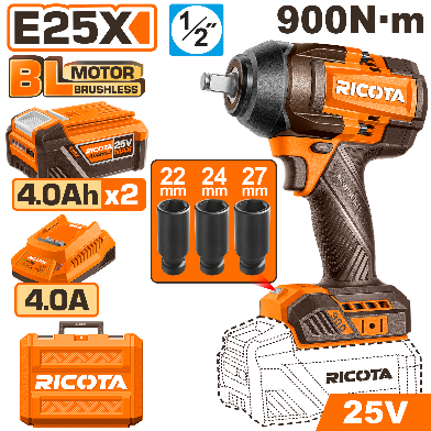 Ricota 25V 2Batt 4Ah+Box 900N.m فرد شد عزق بطارية Ricota