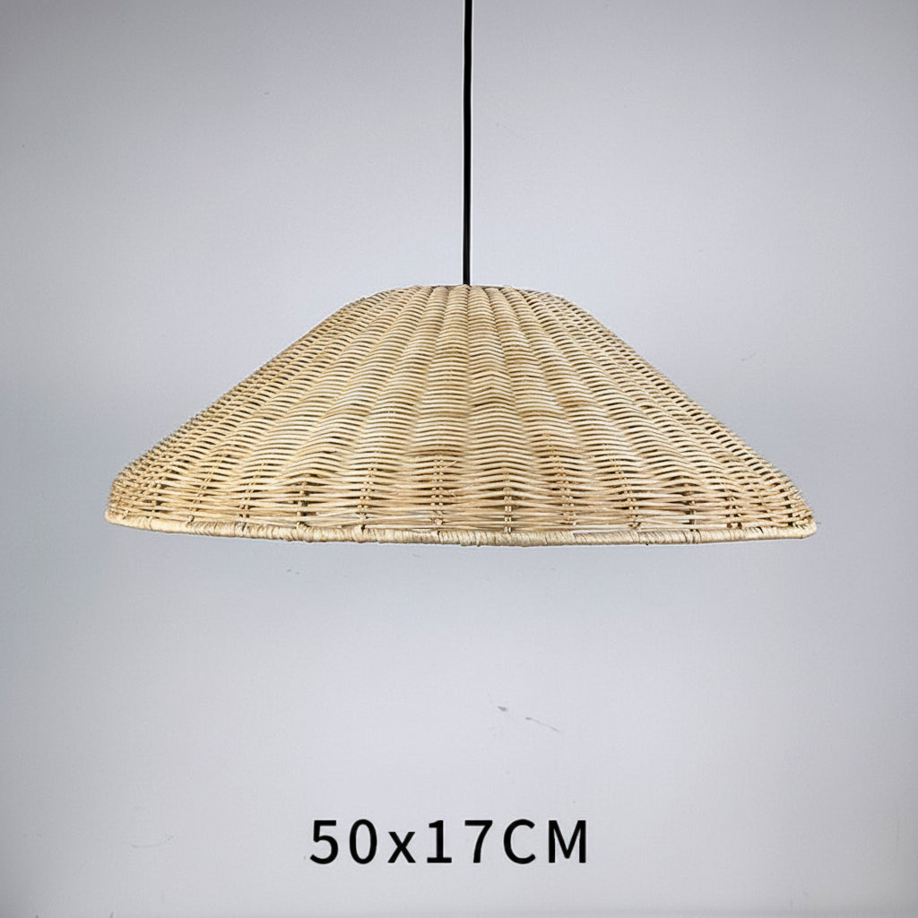 Wicker pendant light on a gray background with dimensions 50x17CM.