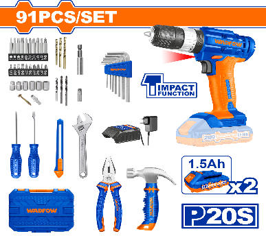 WADFOW 20V 91 Pcs طقم مقدح بطارية رجراج مع عدة Wadfow