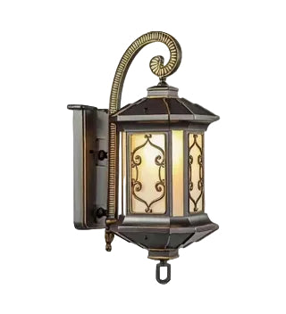 Decorative outdoor wall light with intricate design on a white background
