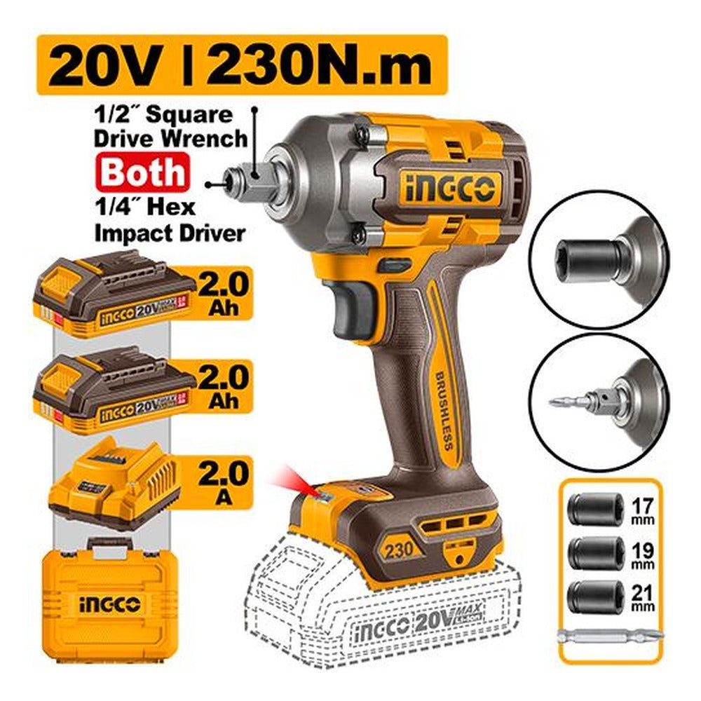 INGCO Cordless 2-in-1 Impact Wrench & Driver 20V Brushless 230Nm 2Batt 2Ah+Char CIWLI20236