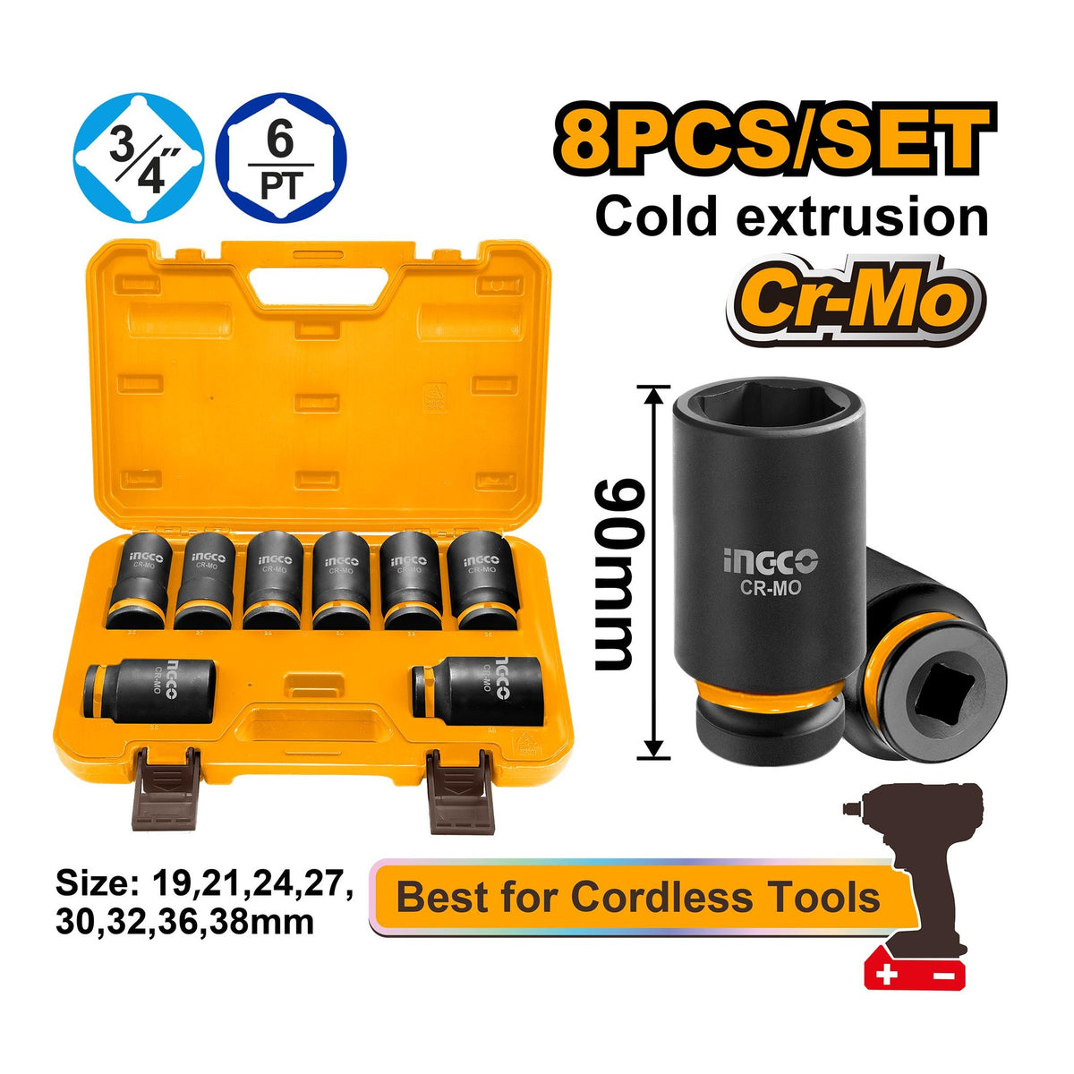 INGCO Deep Impact Socket Set 8pcs 3/4in 19-38mm HKISSD34086L