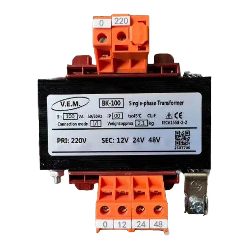 Single-phase transformer with V.E.M. branding and specifications on a white background