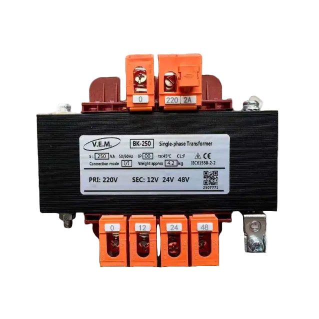 V.E.M. BK-250 single-phase transformer with labeled terminals on a white background