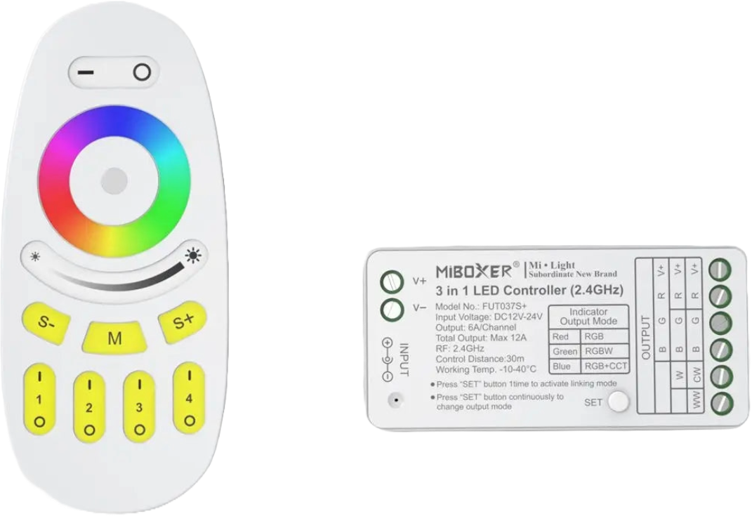 Aura RGB+CCT LED Strip Dimmer & Controller (12V / 24V, 6A Load, 30m Remote Range)