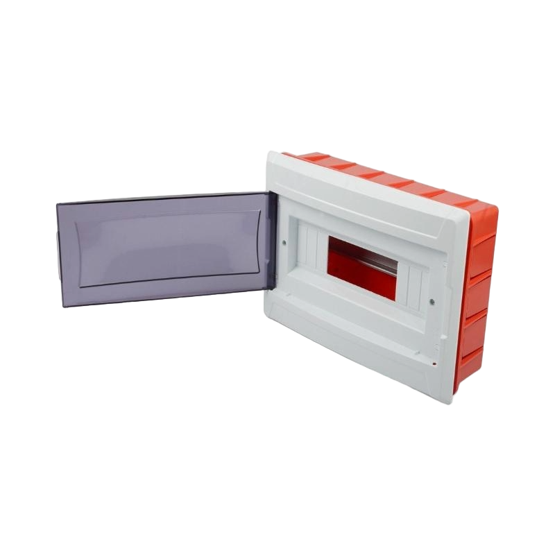 White and red plastic box with a purple interior on a white background