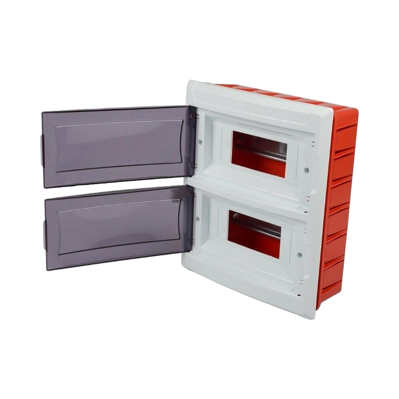 Red and white outdoor electrical box with open doors on a white background