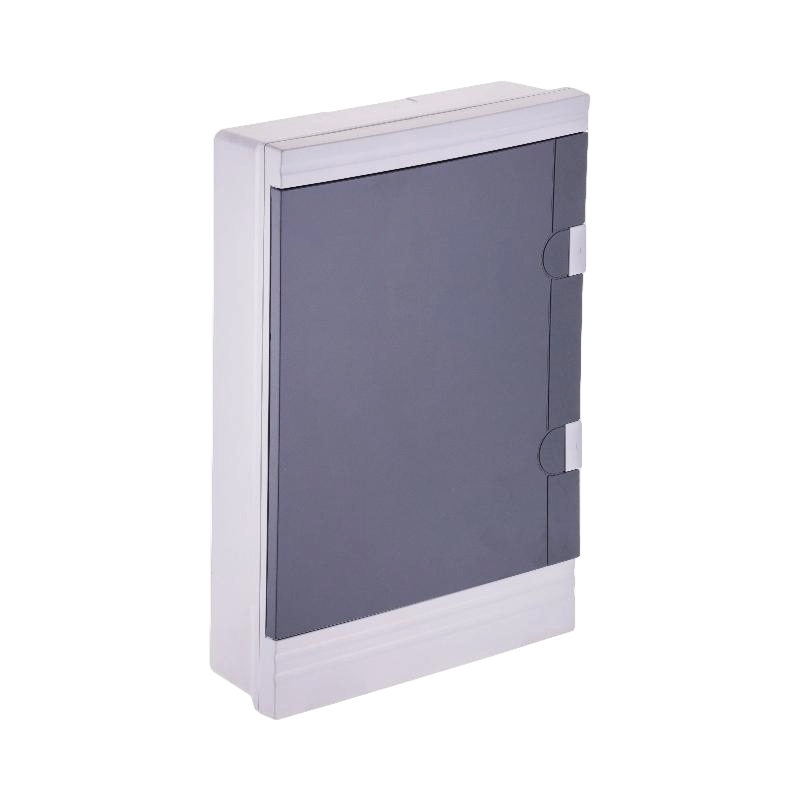 Rectangular metal box with a gray door on a white background