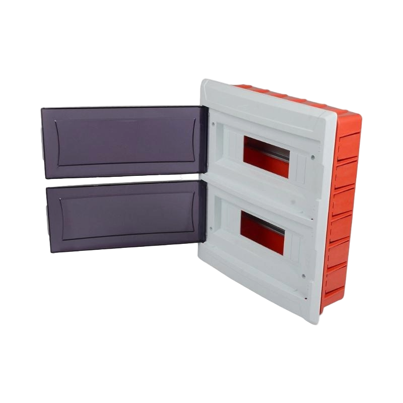 Stackable plastic chairs with purple and red seats on a white background