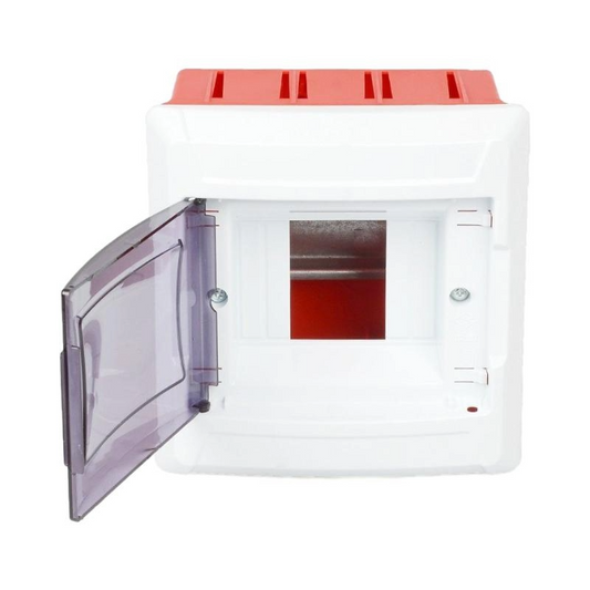 White electronic device with a red top and clear door on a white background