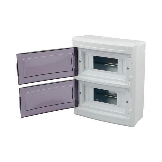 White electrical panel with open doors on a white background