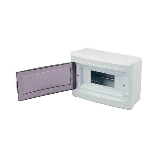 White electrical junction box with a door open on a white background