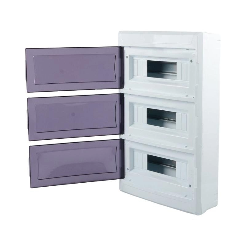 White electrical panel with purple doors on a white background