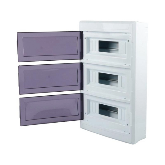 White electrical panel with purple doors on a white background