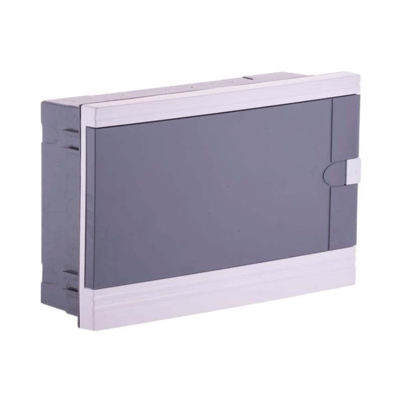 Rectangular storage box with a gray door and white base on a white background