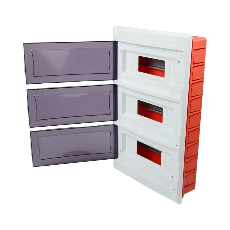 Stackable storage unit with purple and red compartments on a white background