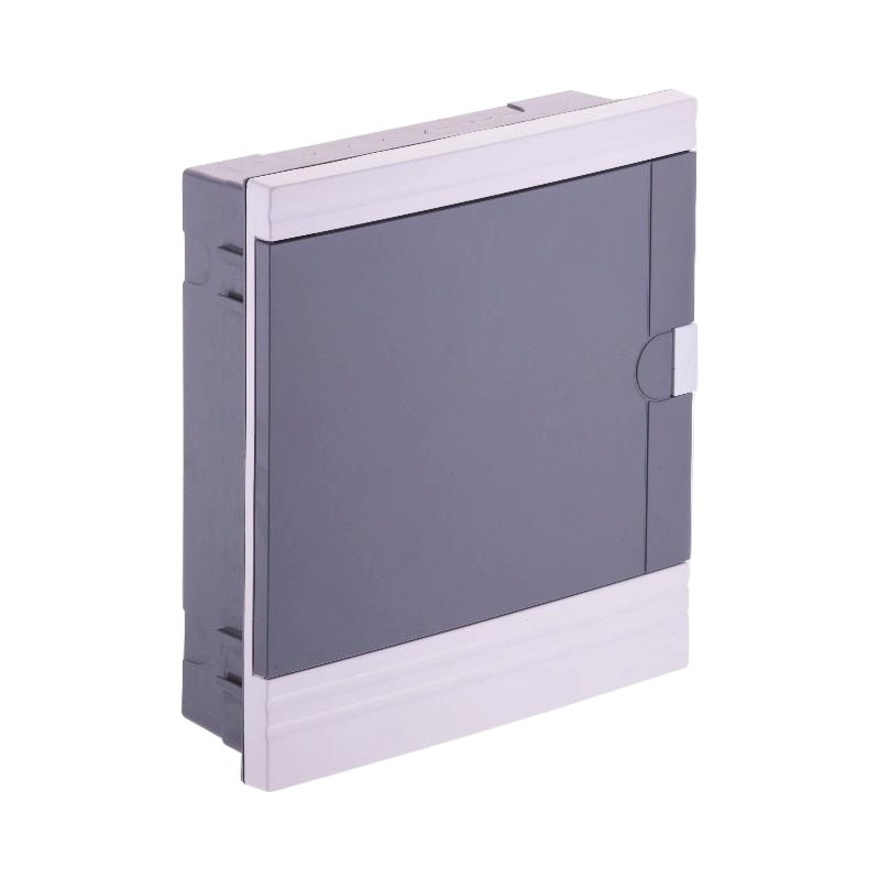 Gray electrical box with white trim on a white background
