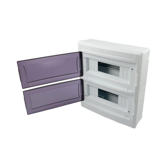 White electrical box with open purple doors on a white background