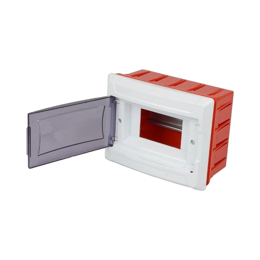 Red and white plastic container with a transparent lid on a white background