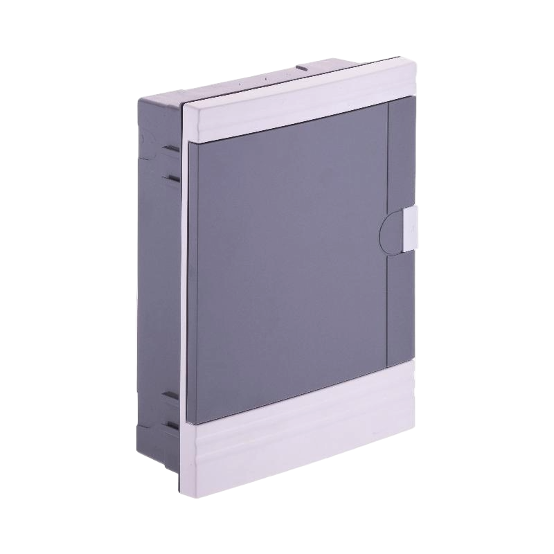 Gray rectangular box with silver accents on a white background