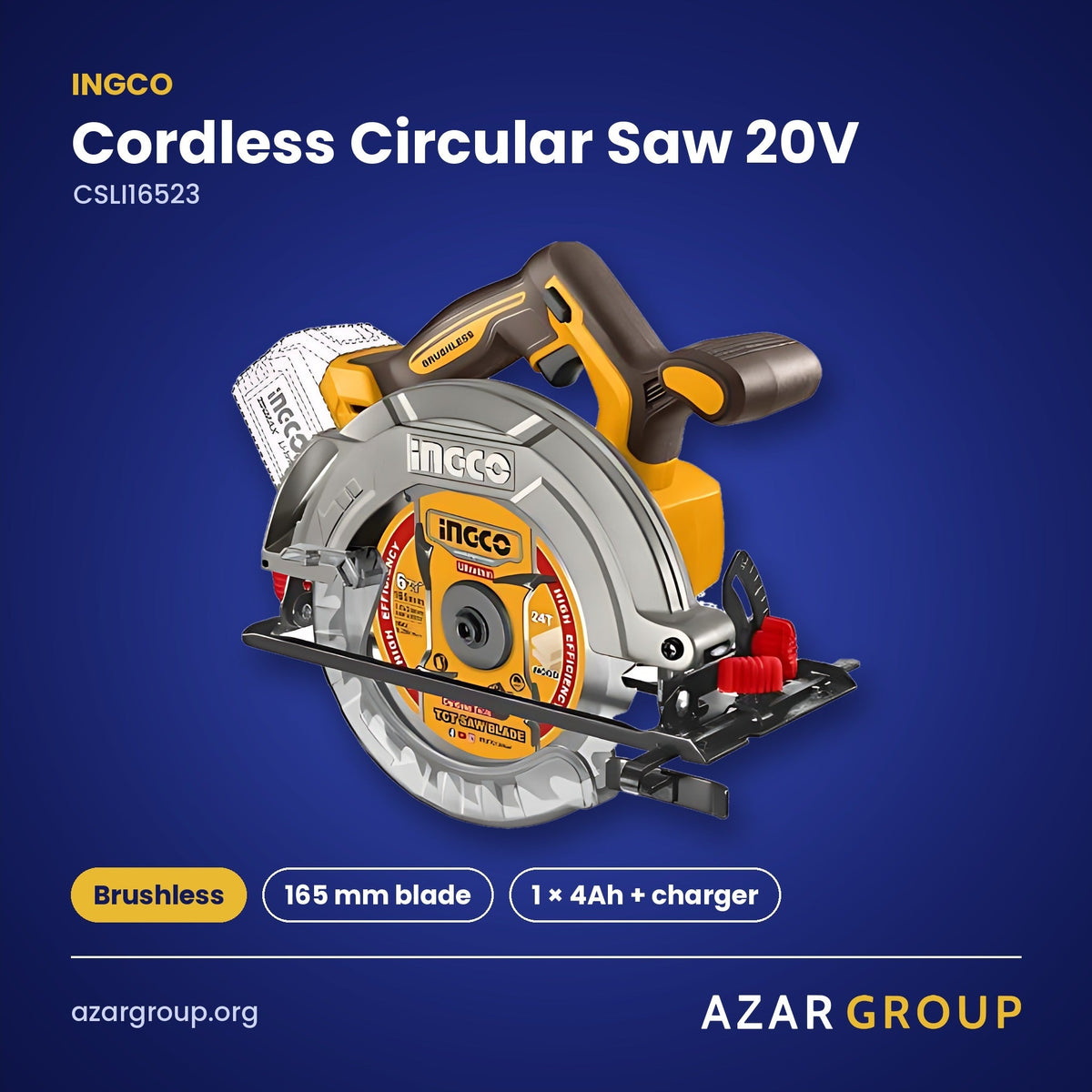INGCO CSLI16523 Cordless Circular Saw 20V – Brushless, 165 mm blade, 1 × 4Ah + charger