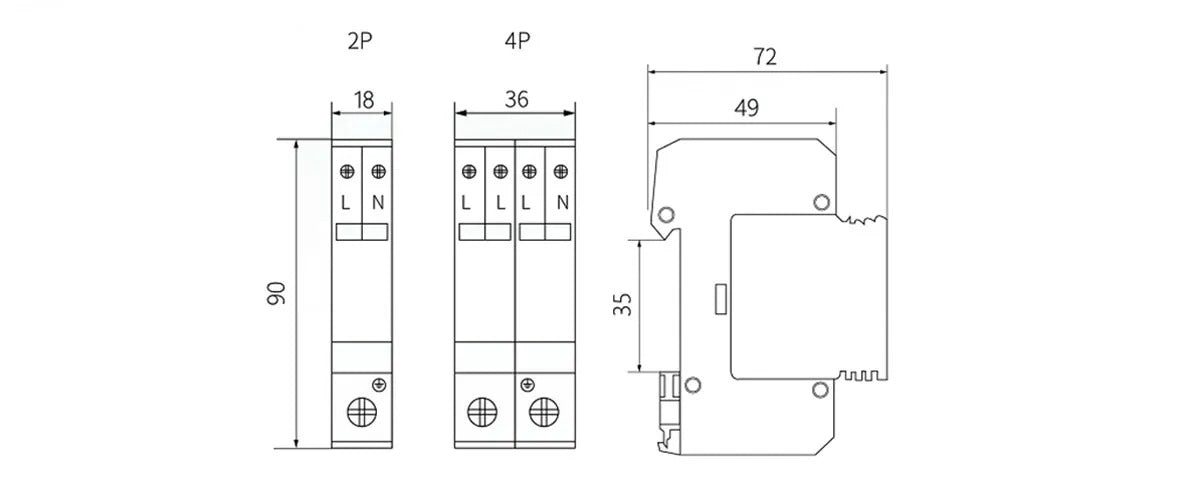 Suntree SUP2 T1+T2 surge protector dimensions 2P and 4P