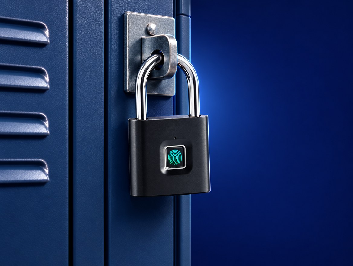 V.E.M. FM570 fingerprint padlock on a metal locker