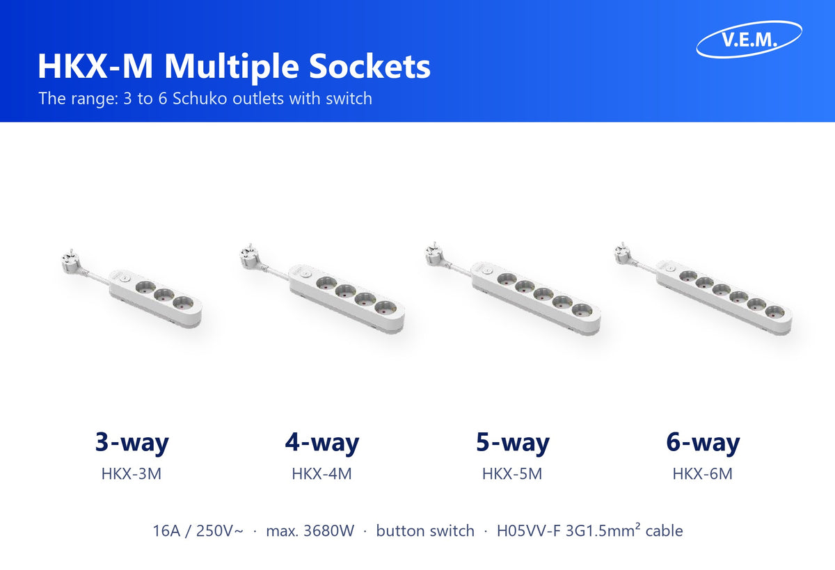 V.E.M. HKX-M multiple socket range: 3, 4, 5 and 6 way with switch