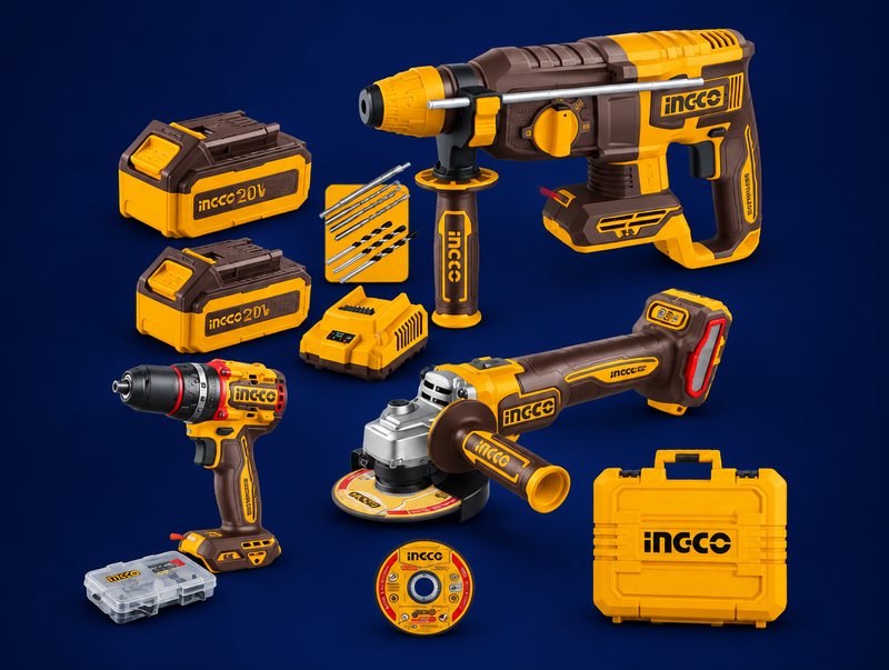 INGCO Cordless SDS Rotary Hammer 26mm Angle Grinder and Impact Drill Combo Set with Discs 20V 2x4.0Ah COSLI241198 | مجموعة صاروخ+مقدح بطارية رجراج +ديسكات+مقدح