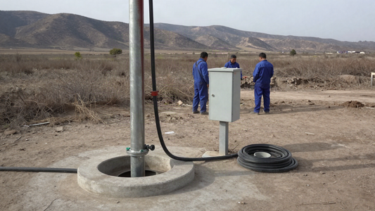 Borehole well head with steel riser pipe, flat submersible cable and a pump control cabinet on a farm