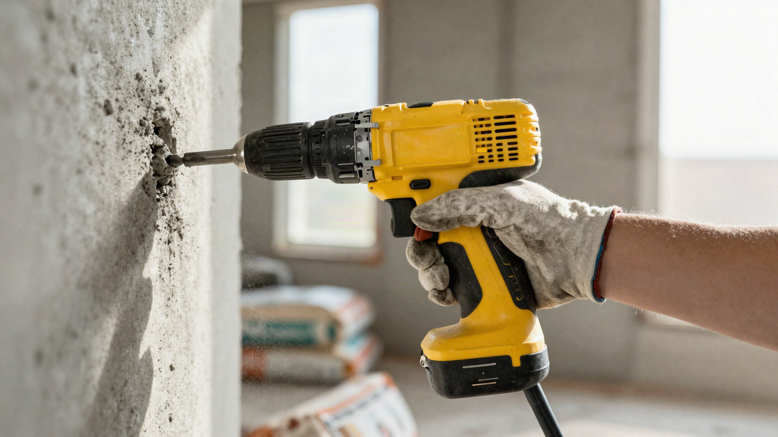 Impact drill vs SDS-Plus rotary hammer: yellow drill boring into a reinforced concrete wall
