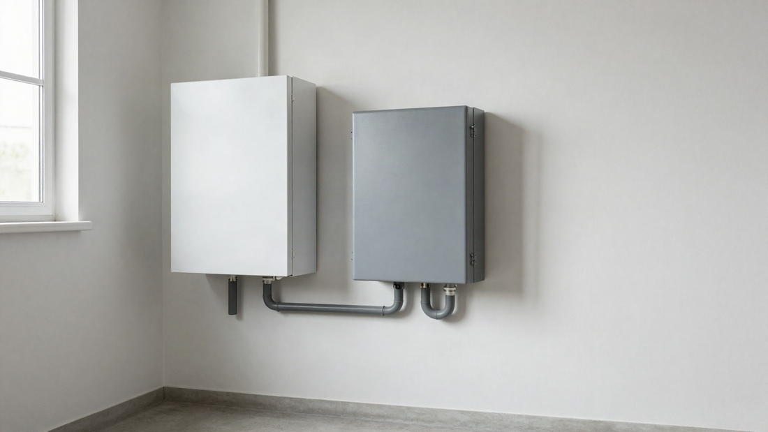 Wall mounted home battery cabinet and off grid inverter installed side by side in a utility room