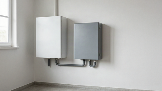 Wall mounted home battery cabinet and off grid inverter installed side by side in a utility room