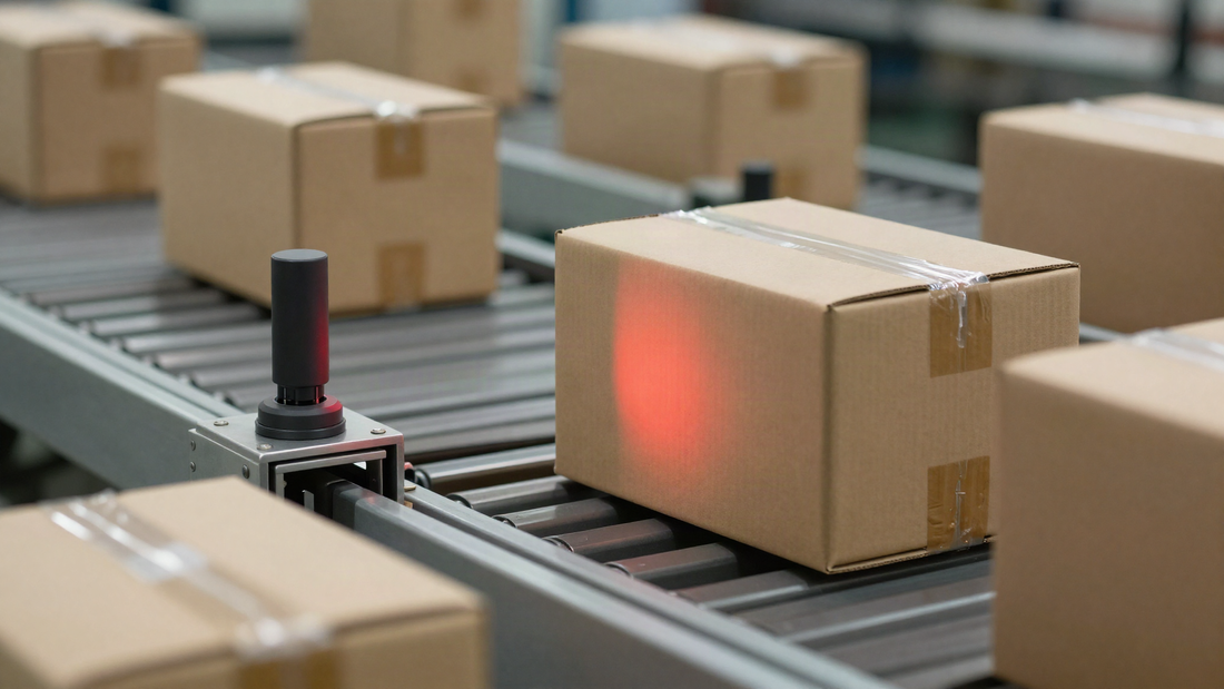 Diffuse photoelectric sensor on a bracket casting a red light spot on a cardboard box passing on a roller conveyor