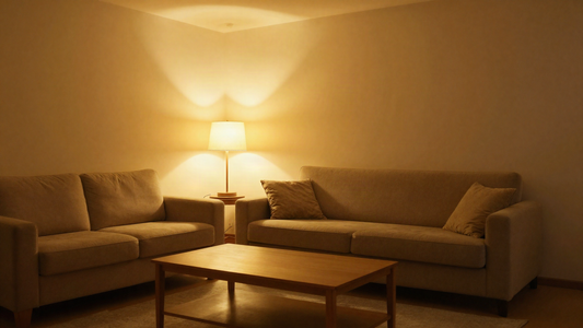 Living room in the evening lit entirely by warm white 3000K light, sofas and a table lamp with a soft yellow glow