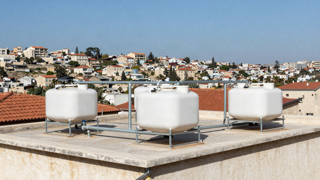 Water storage tanks on the flat rooftops of a Lebanese apartment building