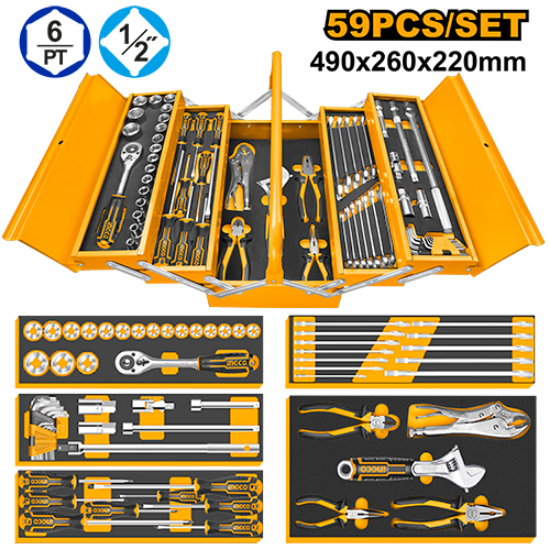 INGCO Tool Set 59pcs with 3-Tray Steel Tool Box HTCS15591