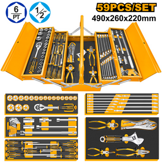 INGCO Tool Set 59pcs with 3-Tray Steel Tool Box HTCS15591